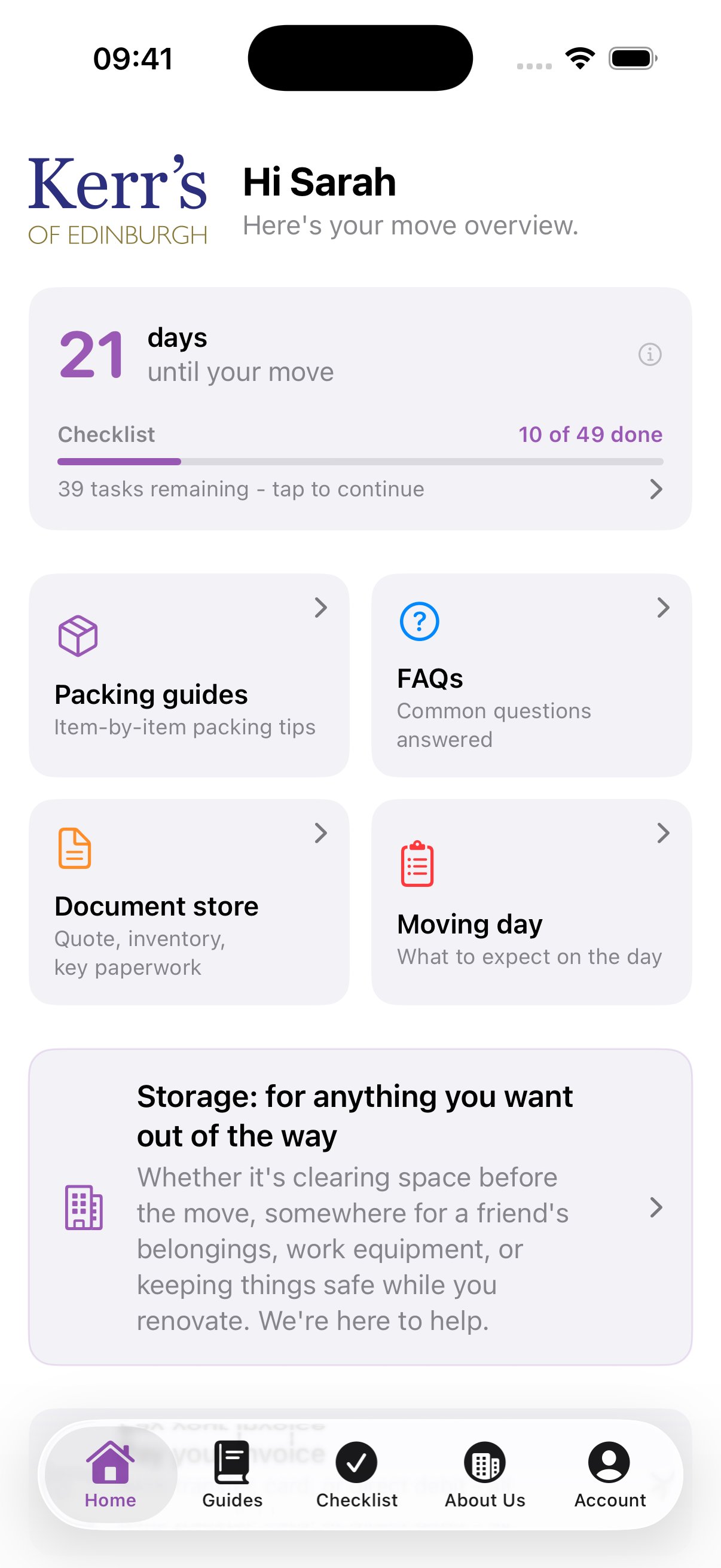 MoveGuide home screen showing a branded removal company app